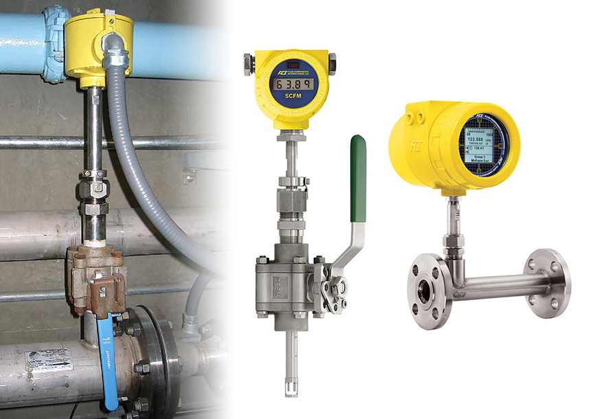 Collage of FCI flow meters; ozone application installation for Helix Water, ST50 with high pressure packing gland, ST100L