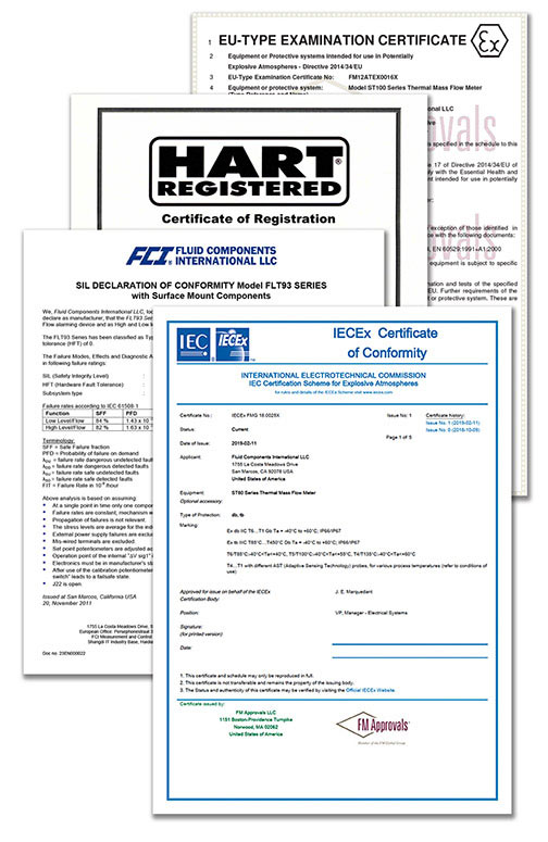 collage of various paper certificates - Ex, HART, IEC, FCI conformity, materials, calibration, pressure certificates