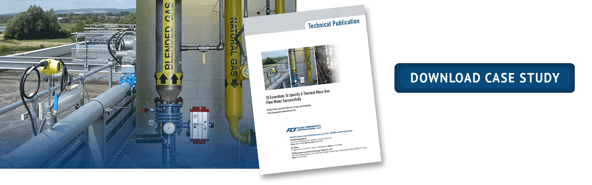 multiple images of yellow FCI flow meters in water treatment and pipeline installations; white paper; Specifying Thermal Flow Meters Successfully