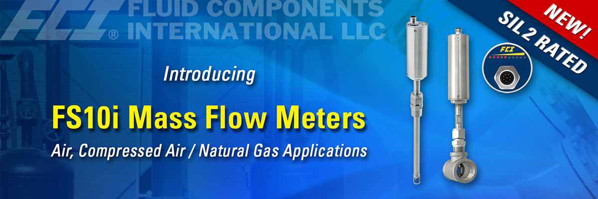 NEW! SIL 2 Rated; Introducing FS10i Mass Flow Meters; Air, Compressed air, Natural gas applications; FS10i flow meter with pipe tee and insertion compression fitting; FS10i flow meter; In-line pipe tee for 1 -inch and 2-inch diameter pipes; 1/2-inch NPT adjustable compression fitting; 6-inch [152 mm] or 12-inch [305 mm] length