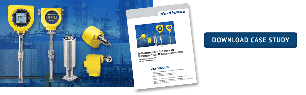 line of FCI flow switches and flow meters with industrial plant in background; click to download case study