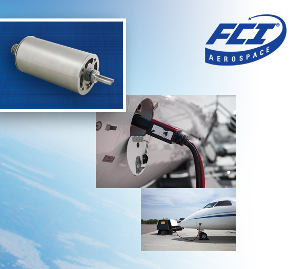 FCI Aerospace Model AS-FT Dual Function Flow and Temperature Transmitter shown over background images of electric hybrid aircraft