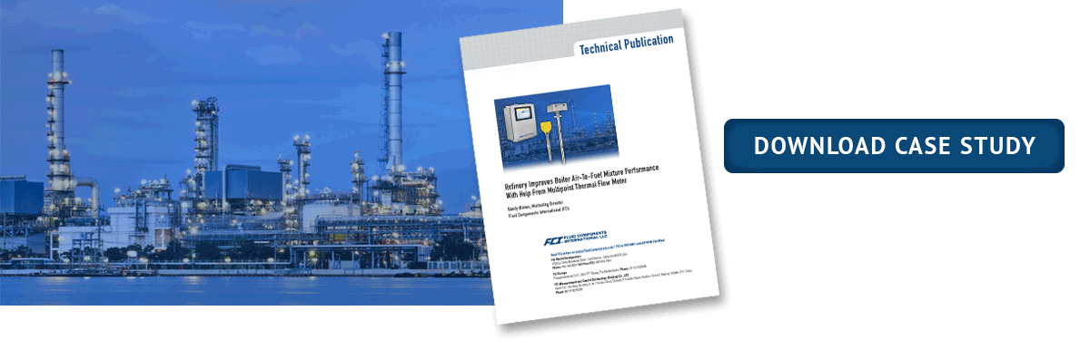 Technical Publication cover shown against industrial factory background; “Refinery Improves Boiler Air-To-Fuel Mixture Performance With Help From Multipoint Thermal Flow Meter”; click to Download Case Study