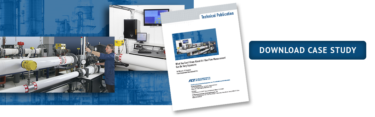 FCI calibration laboratory worker running flow meter test stand; white paper: What You Don’t Know About Air-Gas Flow Measurement Can Be Very Expensive; download case study button