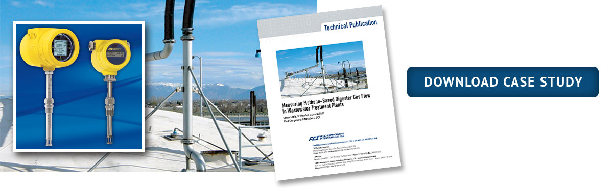 FCI yellow ST100 and ST51 flow meter detail image with methane digester gas recovery tank and mountains in background