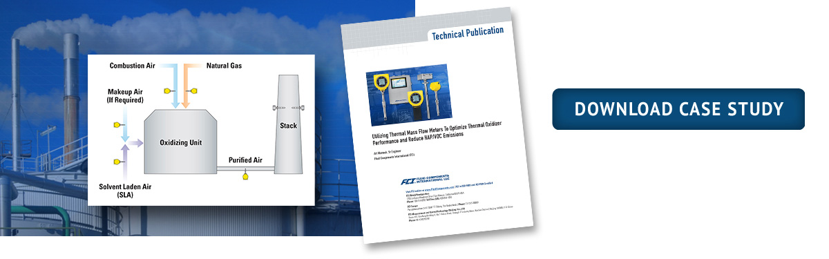 Article cover; diagram of thermal oxidizer process; background image - industrial chemical factory with blue sky and white flue stack emissions; download case study