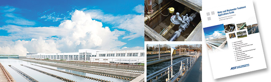 collage of wastewater treatment facility with blue sky, FCI flow meters installed at wwt sites