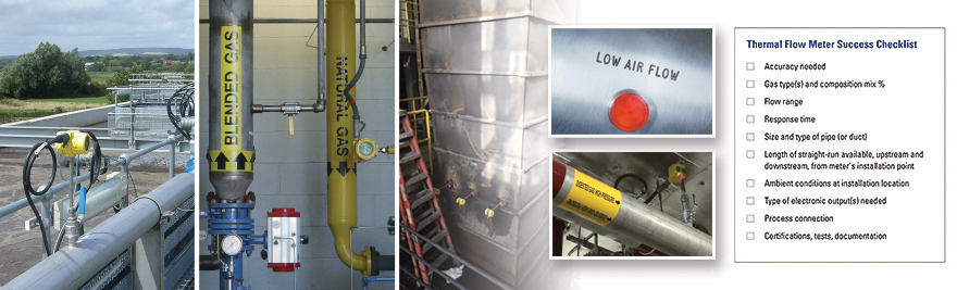 multiple images of yellow FCI flow meters in water treatment, gas pipeline, and hvac installations; low air flow warning indicator; digester gas pipeline; thermal flow meter success checklist