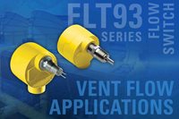 Two yellow FCI flow switches in front of image of vent flow application industry image with blue background