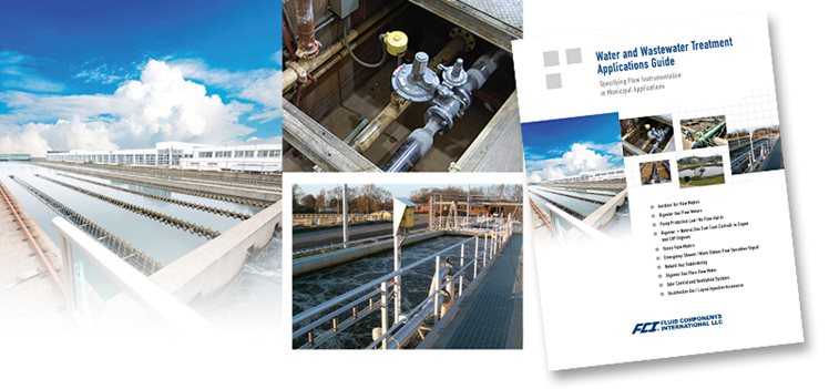 collage of wastewater treatment facility with blue sky, FCI flow meters installed at wwt sites
